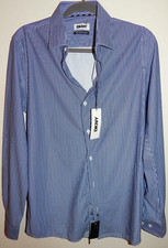 DKNY MEN'S WHITE GRND/NAVY STRIPES SLIM FIT SHIRT sz M 15-15 1/2 NEW AUTHENTIC