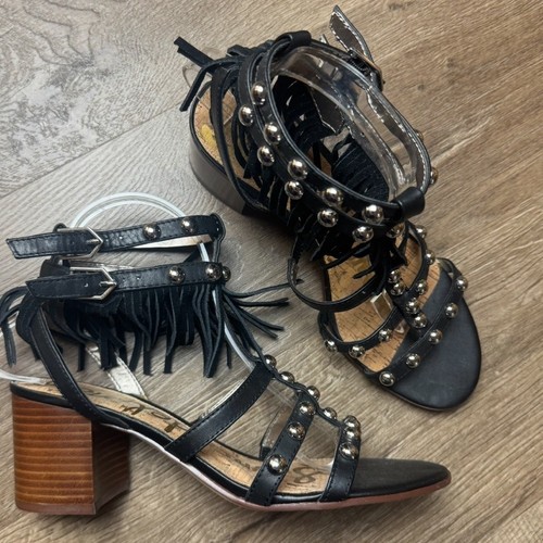 Sam Edelman Shaelynn Leather Fringe Heeled Sandals - Picture 2 of 9