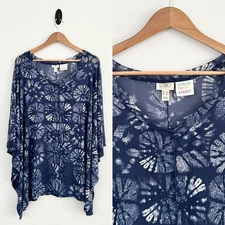 LOGO by Lori Goldstein 1X Indigo Blue Beach to Street Mesh Cover-Up Top NWOT