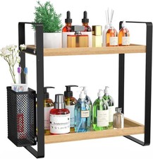 2-Tier Wood Bathroom Counter Organizer with Basket,Waterproof Vanity Perfume