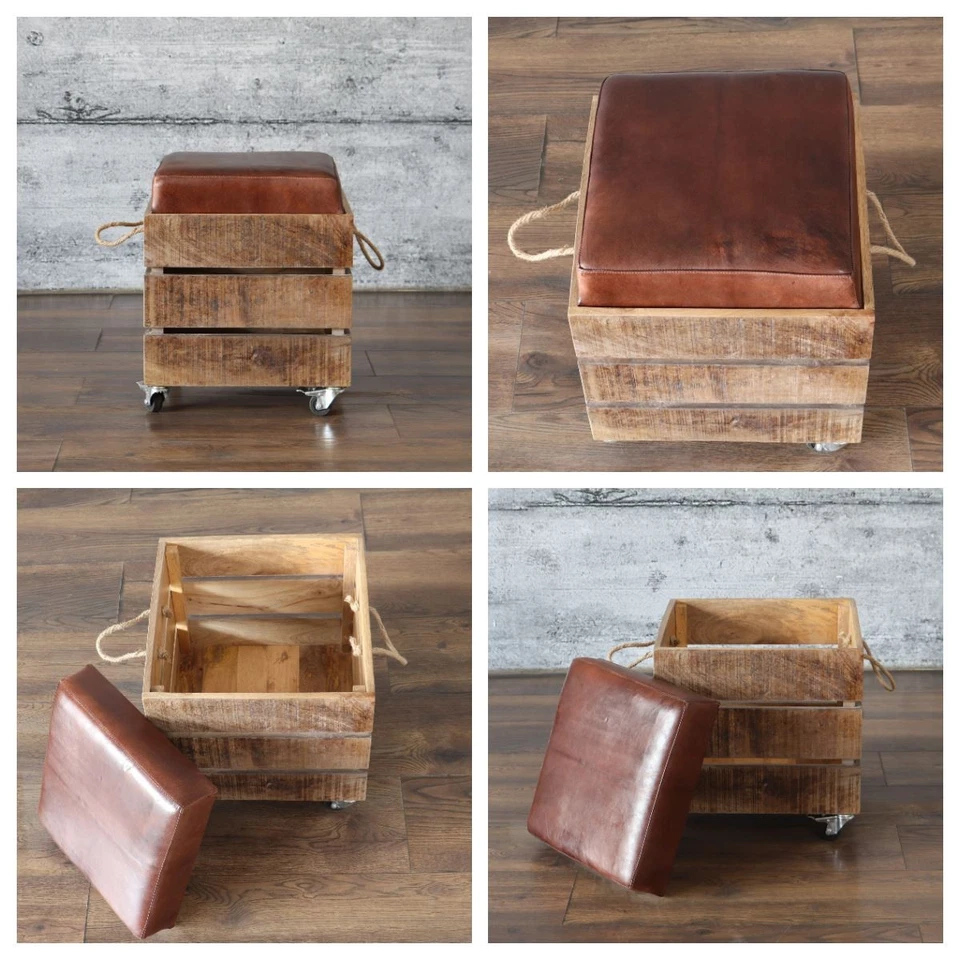 Sitztruhe VINTAGE Hocker Leder Truhenbank mit Rollen Massivholz Stauraum Design - Bild 2 von 4