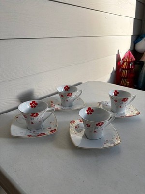 8 Pc TeaVana Exclusive Collection Porcelain Tea Cups & Saucers Red Floral Set