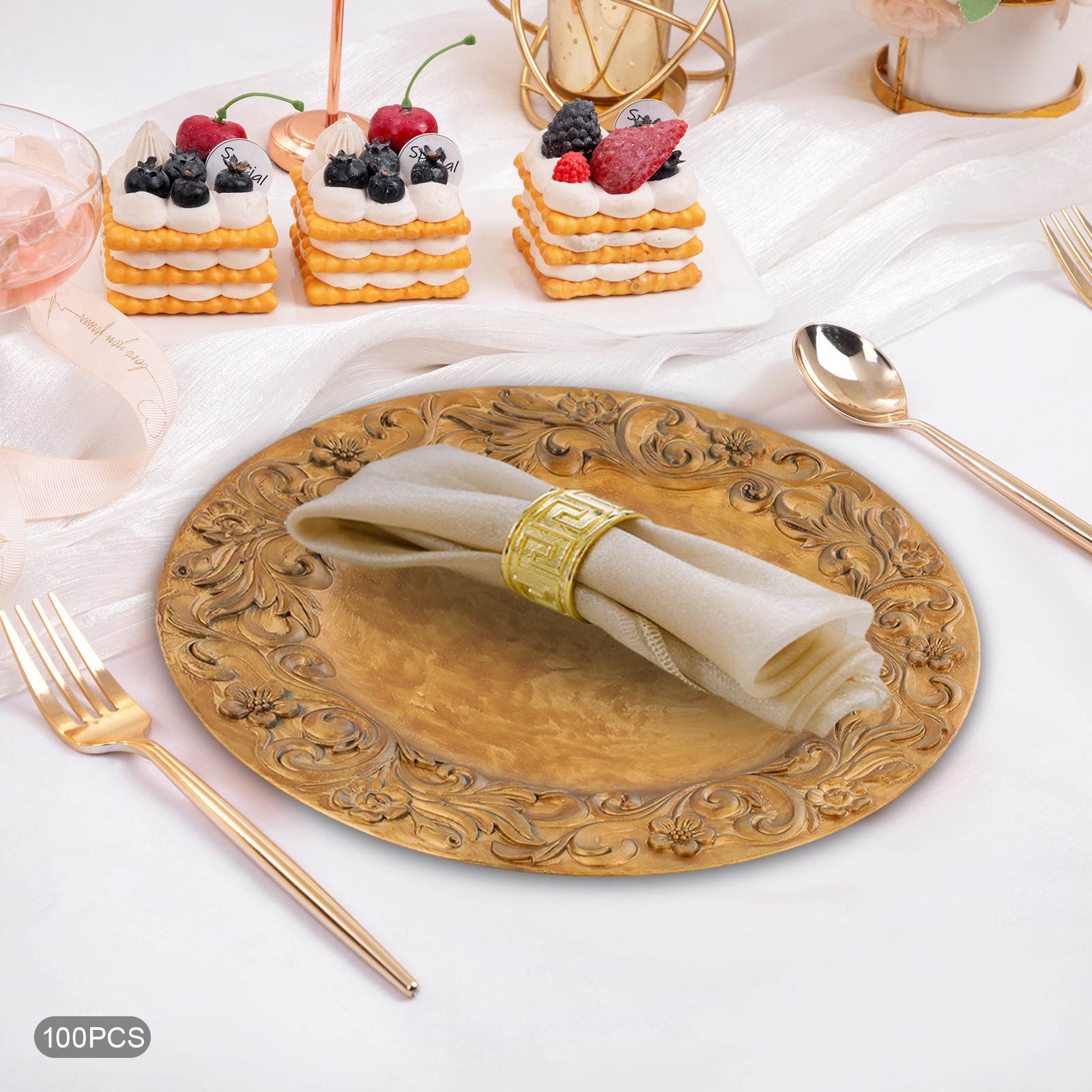 100 Pcs Antique Charger Plates Plastic Dinner Plate Decorative Chargers Gold