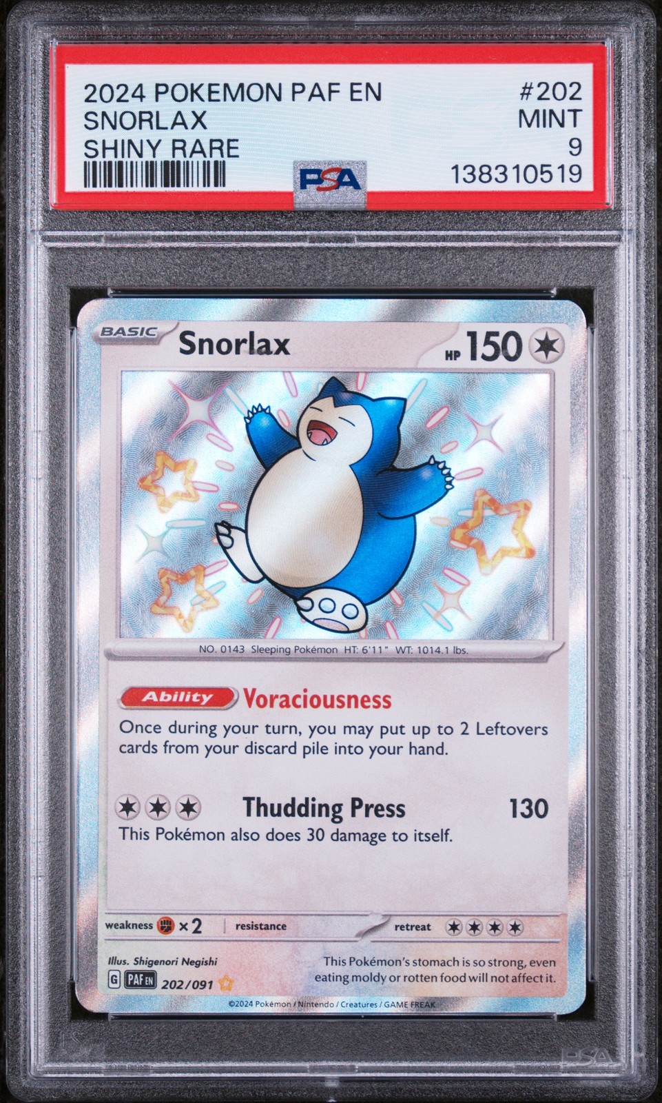 2024 POKEMON PAF EN-PALDEAN FATES SHINY RARE #202 SNORLAX PSA 9