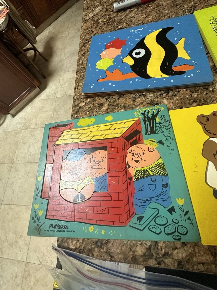 PUZZLES PLAYSKOOL VINTAGE 10& Bandeja de Madera Antigua Puzzle Lote Raro Retro MCM G4 Foto 3 de 4