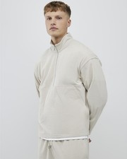 River Island Mens Sweatshirt Beige Regular Fit Corduroy Funnel Quarter Zip Top