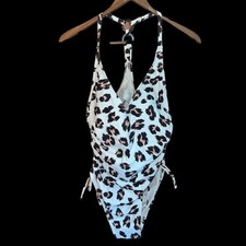 Kona Sol Leopard Print Ruched One Piece Swimsuit Adjustable Straps Medium