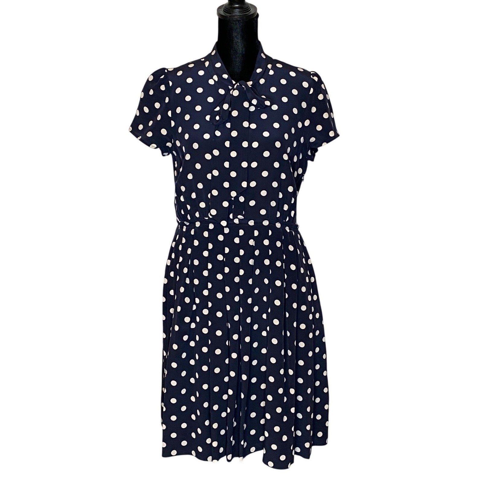 J Crew Womens Polka Dot Silk Dress Size 4 Navy Secretary Preppy Classic Tie Neck