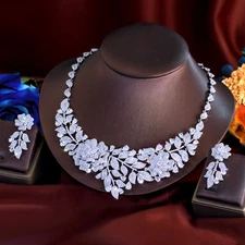 CWWZircons Silver Plated CZ Rose Flower Wedding Necklace Earrings Jewelry Set