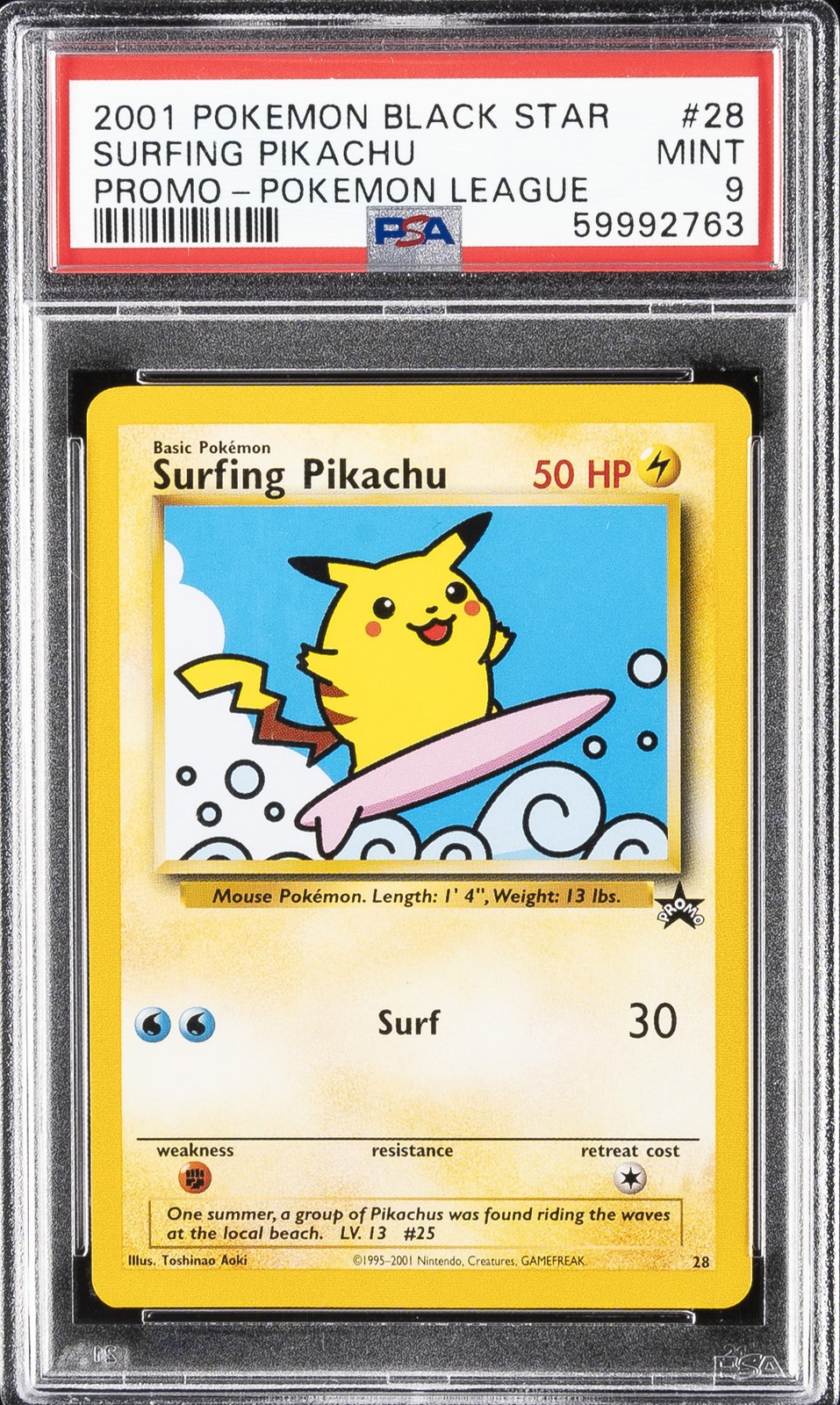 2001 POKEMON PROMO BLACK STAR POKEMON LEAGUE #28 SURFING PIKACHU PSA 9