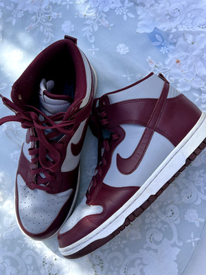 Size 10 - Nike Dunk Retro QS High in Burgundy and grey 