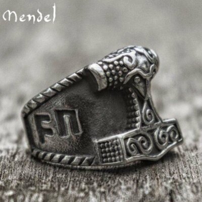 MENDEL Mens Stainless Steel Nordic Viking Thors Hammer Rune Mjolnir Ring For Men