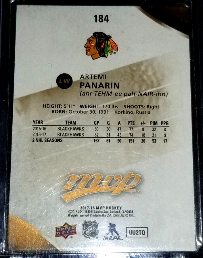 2017-18 Artemi Panarin Upper Deck MVP Base #184 - Chicago Blackhawks - Image 2 of 2