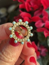 9ct gold plated natural seed pearl & turquoise buckle brooch, Victorian