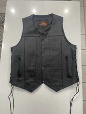 Hot Leathers Mens Leather Black Motorcycle Biker Vest Lg Snap Front Pockets