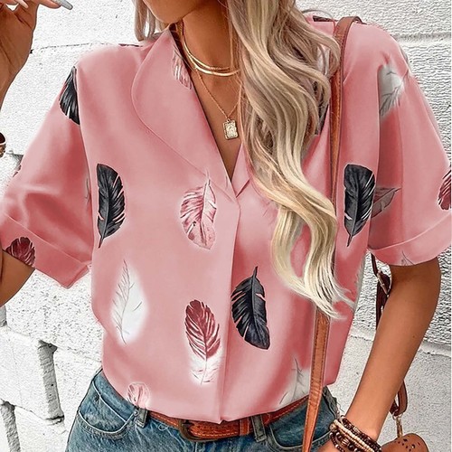 Women's Summer Casual V-Neck Feather Shirt Plus Size Short Sleeve Blouse Tops - Picture 34 of 42