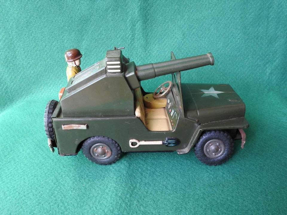 NOMURA TOYS T.N JAPÓN AÑOS 50 LITOGRAFÍA HOJALATA BATERÍA OP JEEP antiaéreo Foto 2 de 4