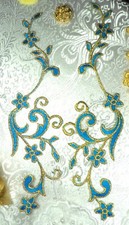 Embroidered Applique Turquoise Gold Flower Mirror Pair Vine Iron On GB90