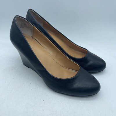 ANA Black Wedge Heels Round Toe Faux Leather Slip On Women’s Size 7M