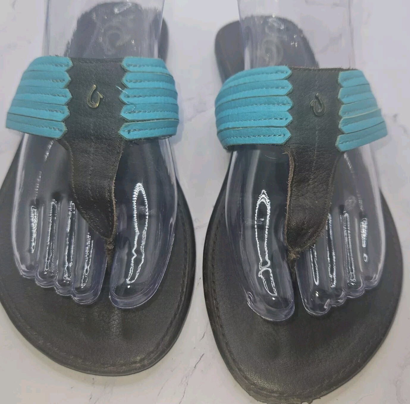Olukai Mahina W Turquoise Leather Flip Flop Sandals US Size 8