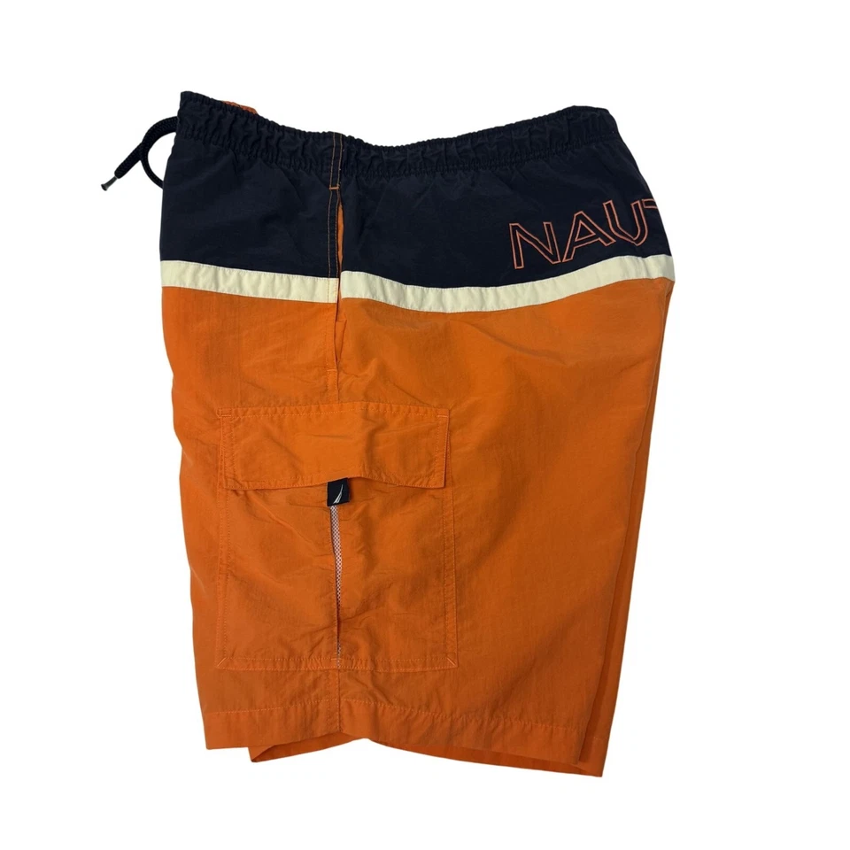 Vtg 80's Nautica Swim Trunks Orange Blue COLORBLOCK Spell Out LOGO Surfer Shorts - Image 4 of 4