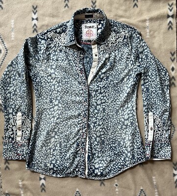 Roar The Buckle Denim Leopard Western Button Up Long Sleeve Shirt Women s S