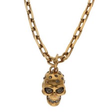 Alexander McQueen Necklace, Rhinestone Skull, Gold Necklace, Used, BS99