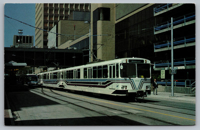 Postcard Calgary LRT, 3 Car C-Train Stops in Downtown Calgary, Alberta, Canada