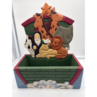 Vintage 1996 Figi Graphics Noah's Ark Wooden Cardholder Desk Letter Organizer