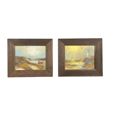 VTG Engel Orig Oil Paintings Set of 2 Nautical Lighthouse Seascape Wood Frames
