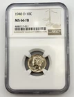 1940-D Mercury Dime 10C NGC MS66 FB Full Bands Silver US Coin Reflective Luster