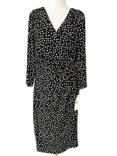 Lauren Ralph Lauren Dress Womens 16 Black Polka Dot Faux Wrap V Neck 3/4 Sleeve