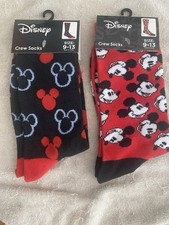 Mickey Mouse Crew Socks Sz 9-13 - Black Red 2 Packs NEW
