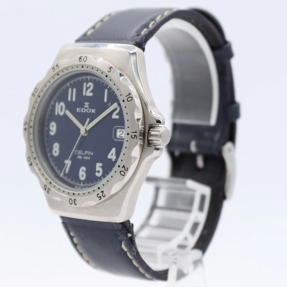 Reloj pulsera de cuarzo 37 mm Edox 70080 Delfin 200M fecha para hombre acero suizo esfera azul Foto 2 de 4
