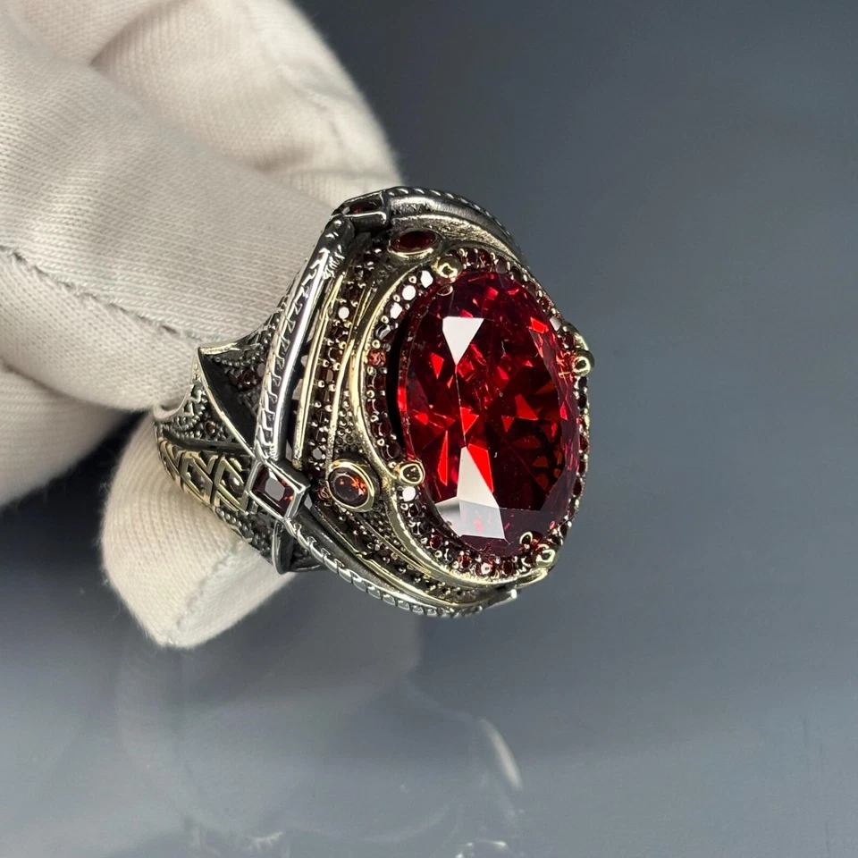 Anel masculino de prata esterlina rubi otomano, design vintage artesanal - Imagem 2 de 4