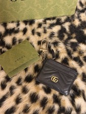 Gucci Black GG Marmont Quilted Zip Card Wallet Wristlet Keychain