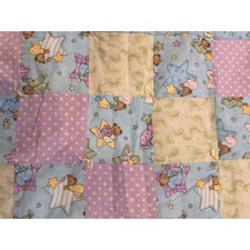 Vintage Baby Quilt Patchwork Teddy Bear Stars Moon Blue Purple Nursery Blanket