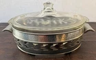 Vintage Pyrex Casserole Dish w/Floral Etched Lid w/ Silver Plate Serving Cradle