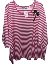 Quacker Factory QVC Pink White Striped Palm Tree Embellished Top Size 3X NWT