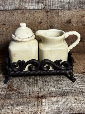 Artimino Fleur De Lis Cream Tuscan Countryside Cream & Sugar with Iron Stand