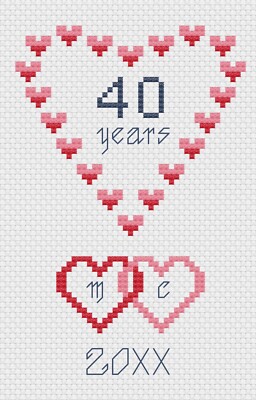 Ruby Wedding Hearts Anniversary Cross Stitch Card Kit or Pattern by Florashell