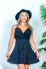 Black Polka Dot Mini Dress Size Small Tiered Ruffled Adjustable Strap