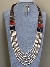 Multi Layers Cream long bead black, Orange and gold Bead Necklace earring set