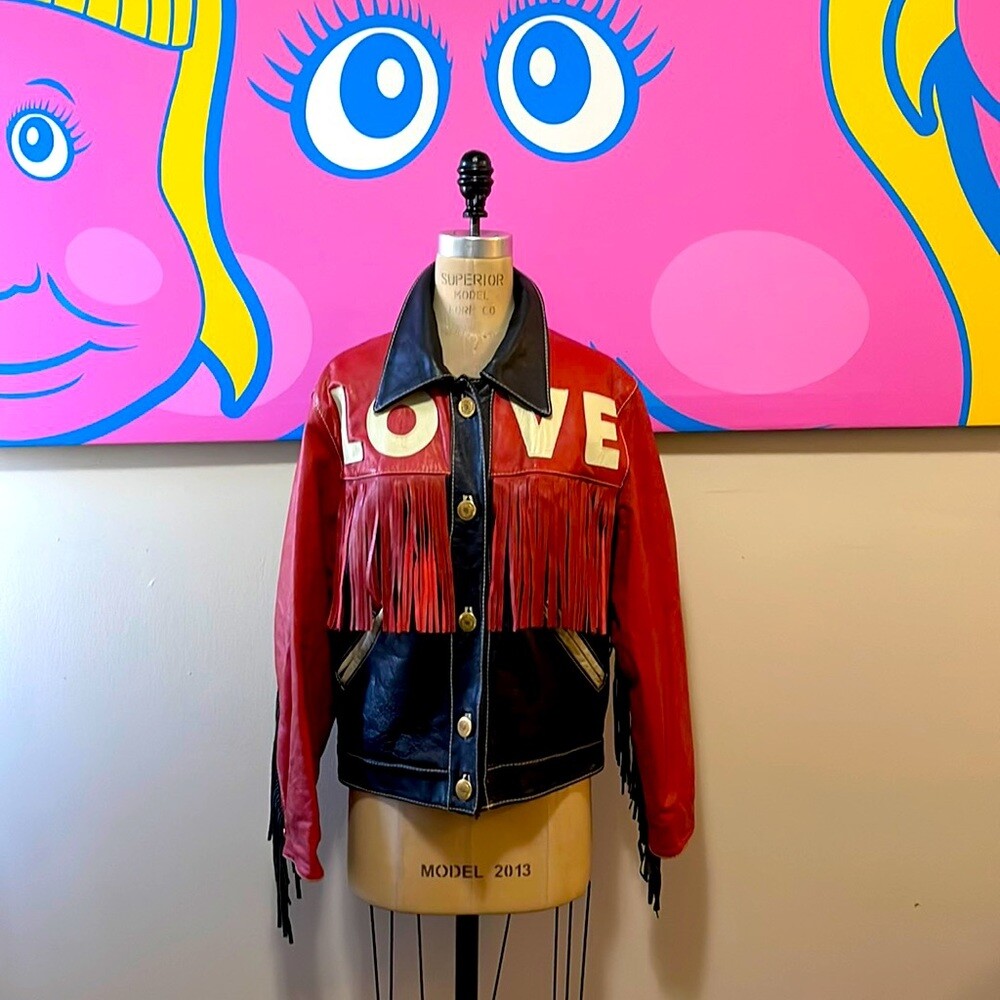Moschino Red Black White Leather LOVE Moto Jacket Fringe | eBay Moschino Red Black White Leather LOVE Moto Jacket Fringe | eBay