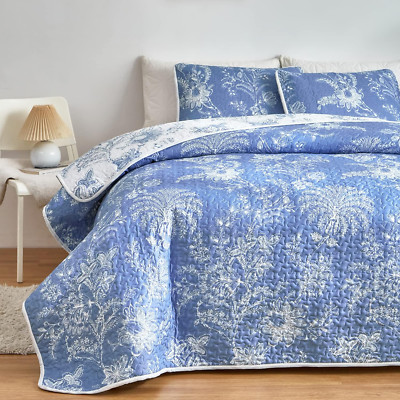 Reversible Quilt Set Full Queen Size 3 Pieces White Blue Botanical Floral
