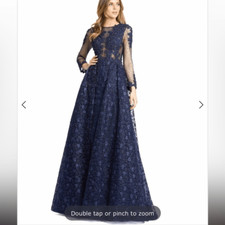 Mac Duggal 20100 Navy Embellished Lace Long Sleeve Ball Gown| 6