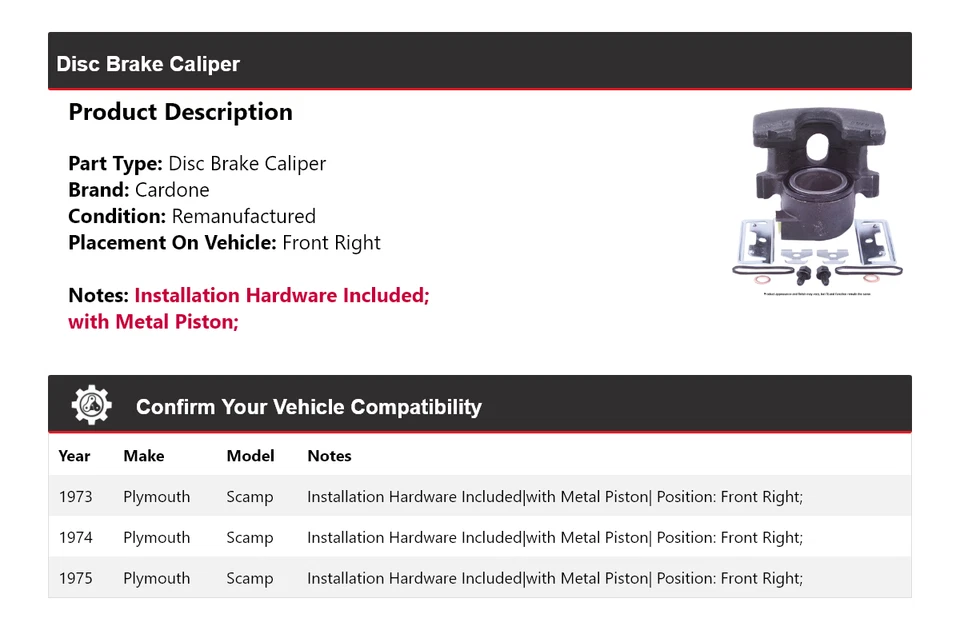 Pinza de freno de disco delantera derecha Cardone 1974 para Plymouth Scamp 1973-1975 Foto 2 de 4