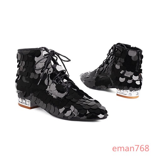 Sparkly Women's Ankle Boots Pointed Toe Lace Up Sequin Party Performance Shoes - Bild 18 von 27