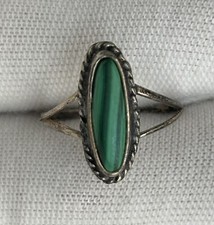 Vintage Sterling Silver Oval Malachite Ring 925 Size 4.75 Ladies Bezel Set