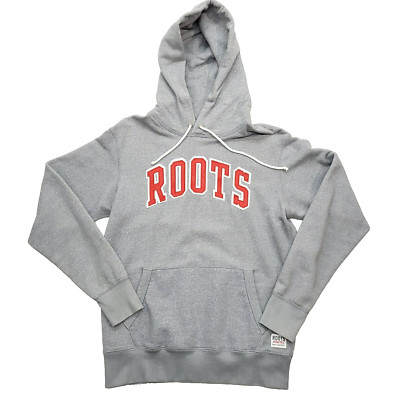 Roots Canada Hoodie Men's S Gray Spell Out Pullover Outdoor Casual Sweatshirt